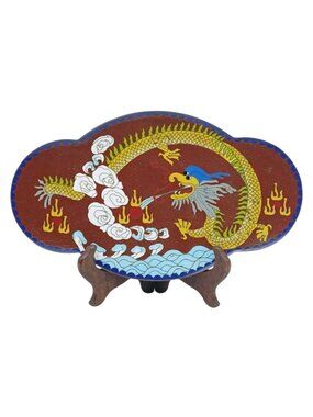 Vintage Copper Cloisonne Dragon Tray Red Enamel Trinket Dish 9.5" Asian Decor